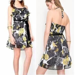 Desigual Vest Anna Lemon Print Chiffon Halter Dress Yellow Black Ruffle Sz 6